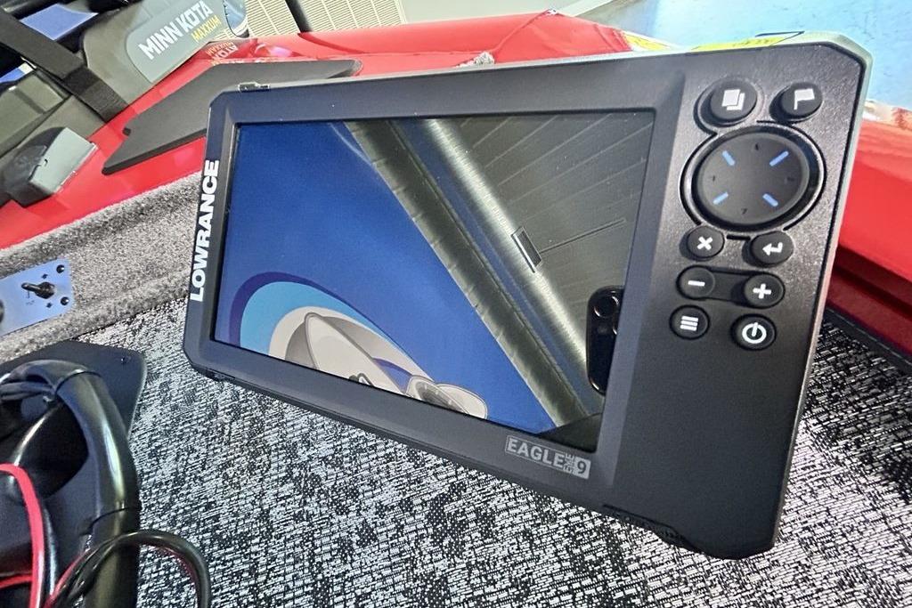 Lowrance Eagle 9 fishfinder on 2026 Tracker Pro Team 195 boat dashboard.