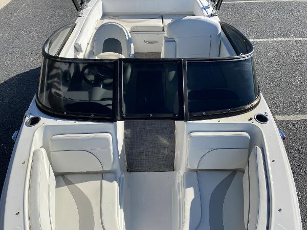 2019 Caravelle 19 EBo Bowrider boat with white and gray interior, viewed from above.
