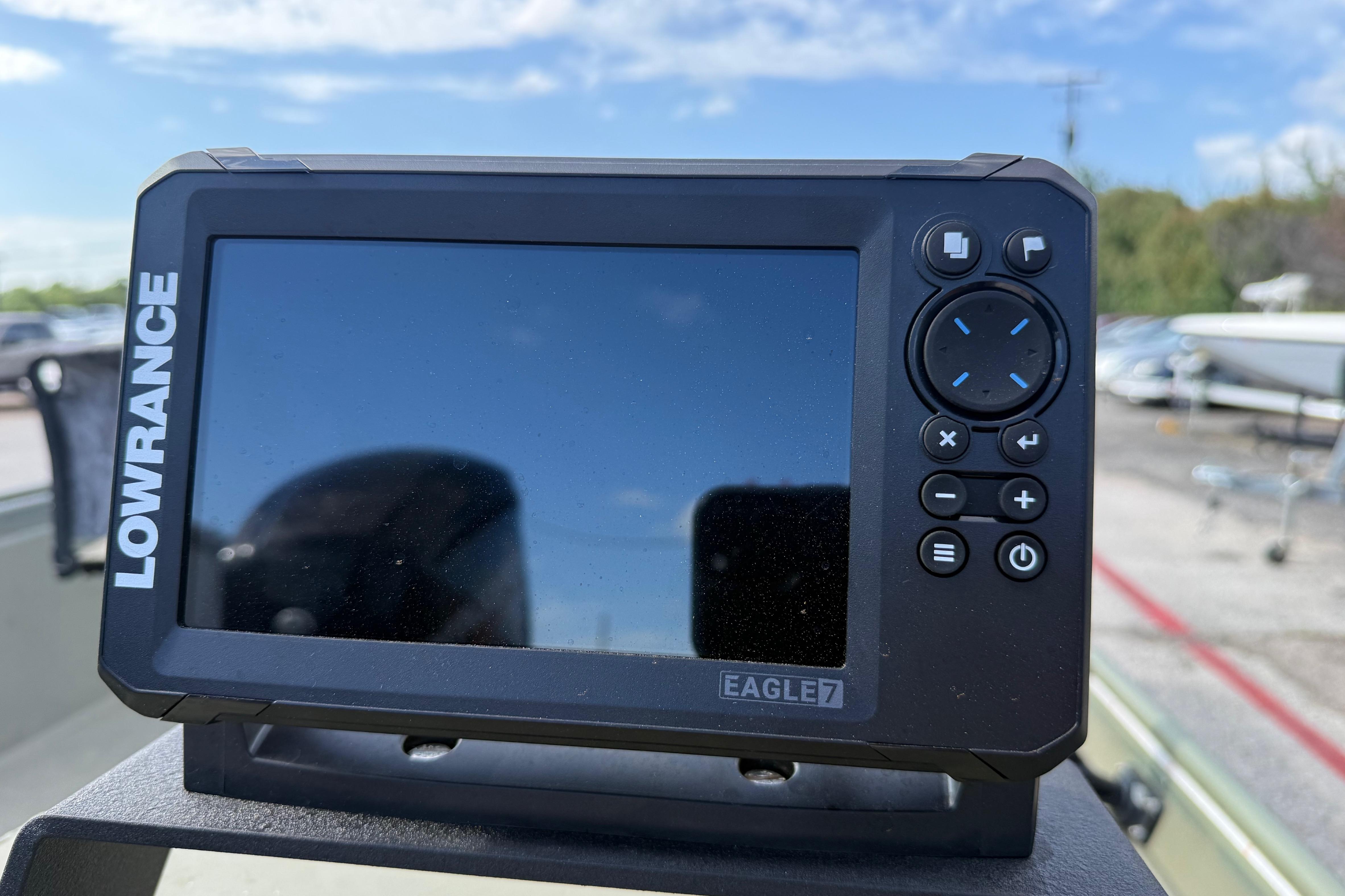 Lowrance Eagle 7 fish finder on a 2020 Lowe Roughneck 2070 Big River boat.