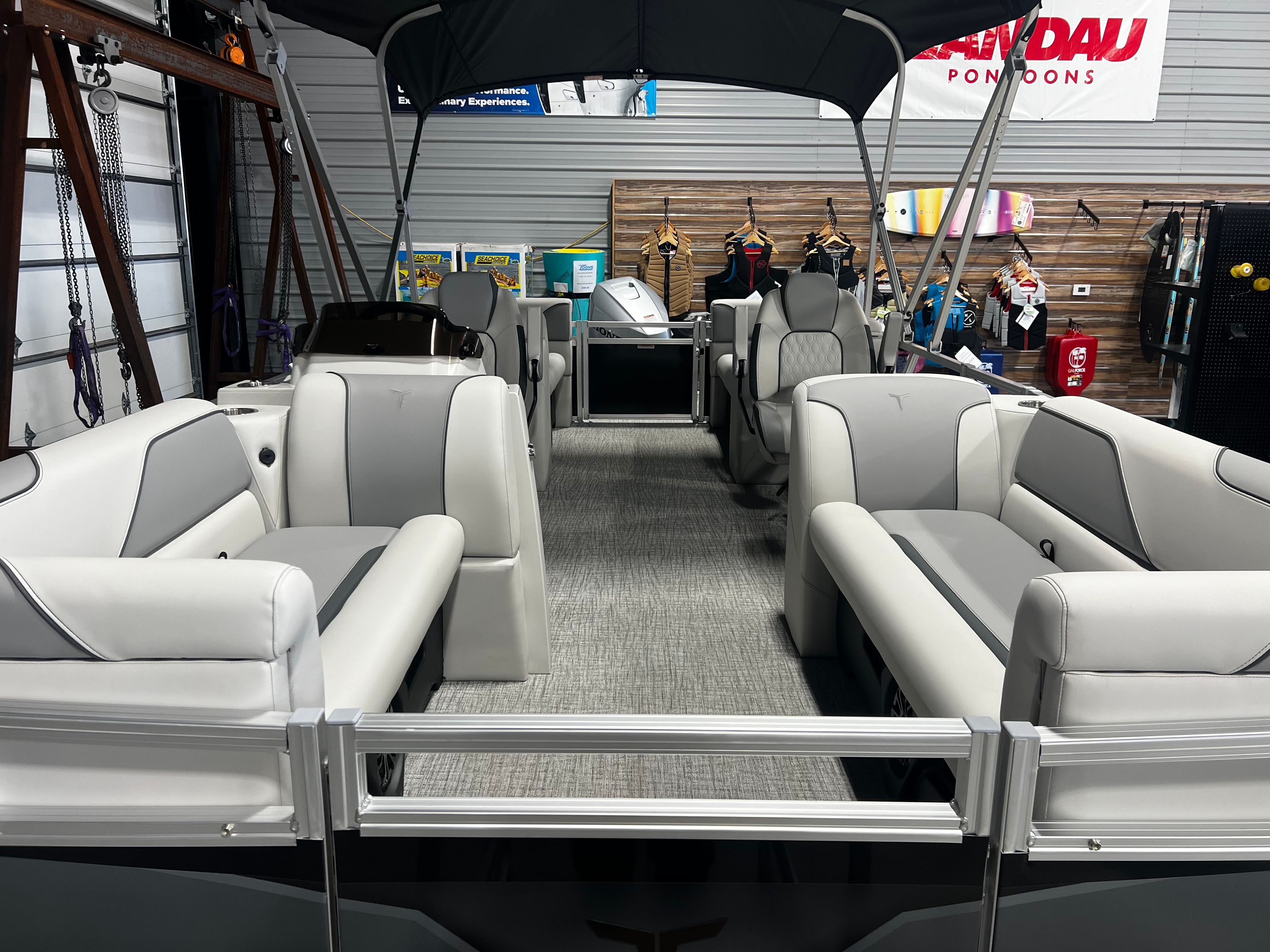 Interior view of 2026 Tahoe 2180 Sport Quad Lounger pontoon boat.