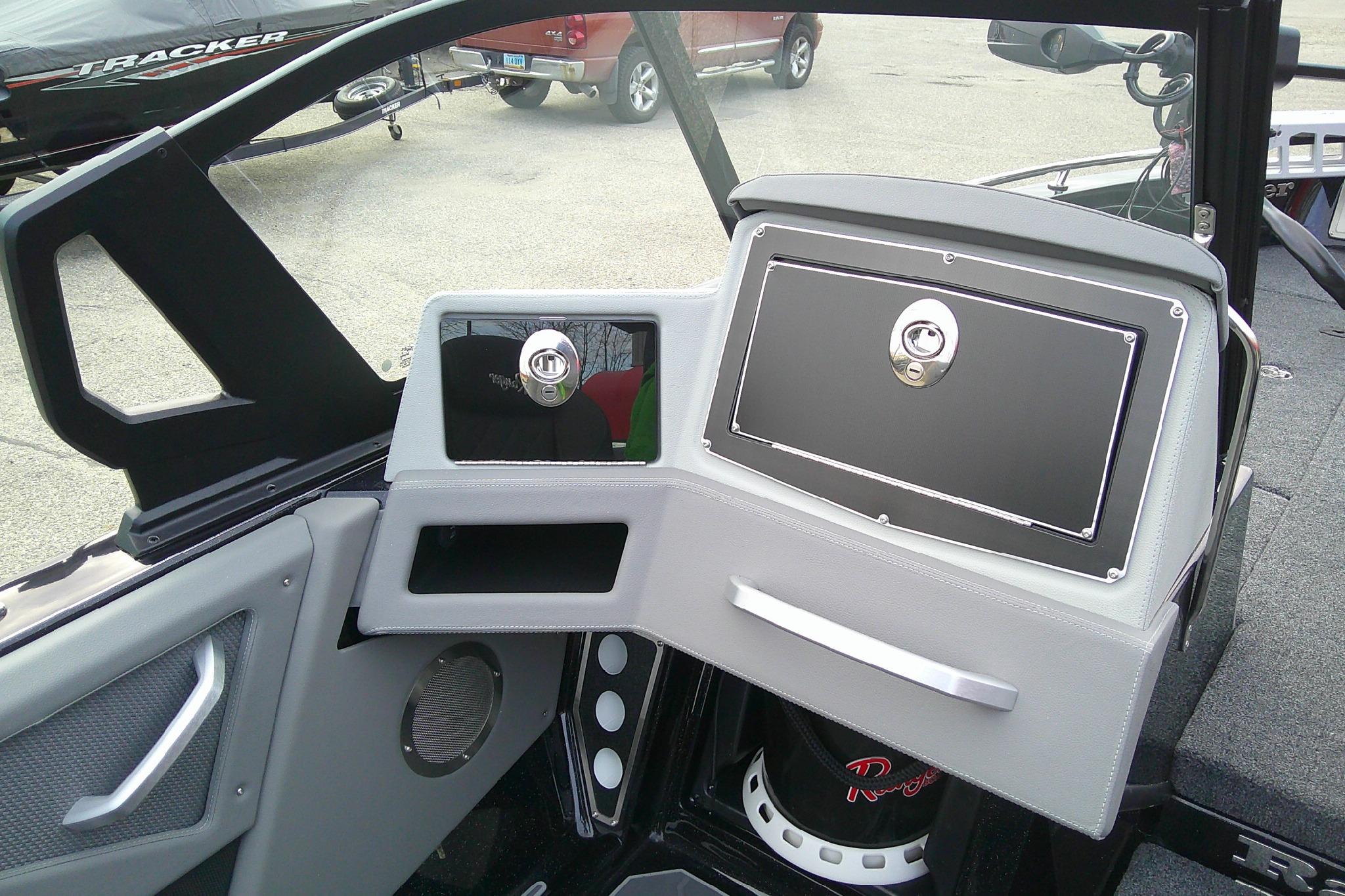2026 Ranger 620FS Pro boat dashboard with storage compartments and sleek design.