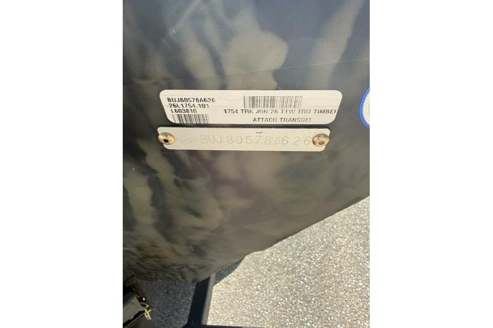 2026 Tracker Grizzly 1754 Utility boat identification plate with serial number.