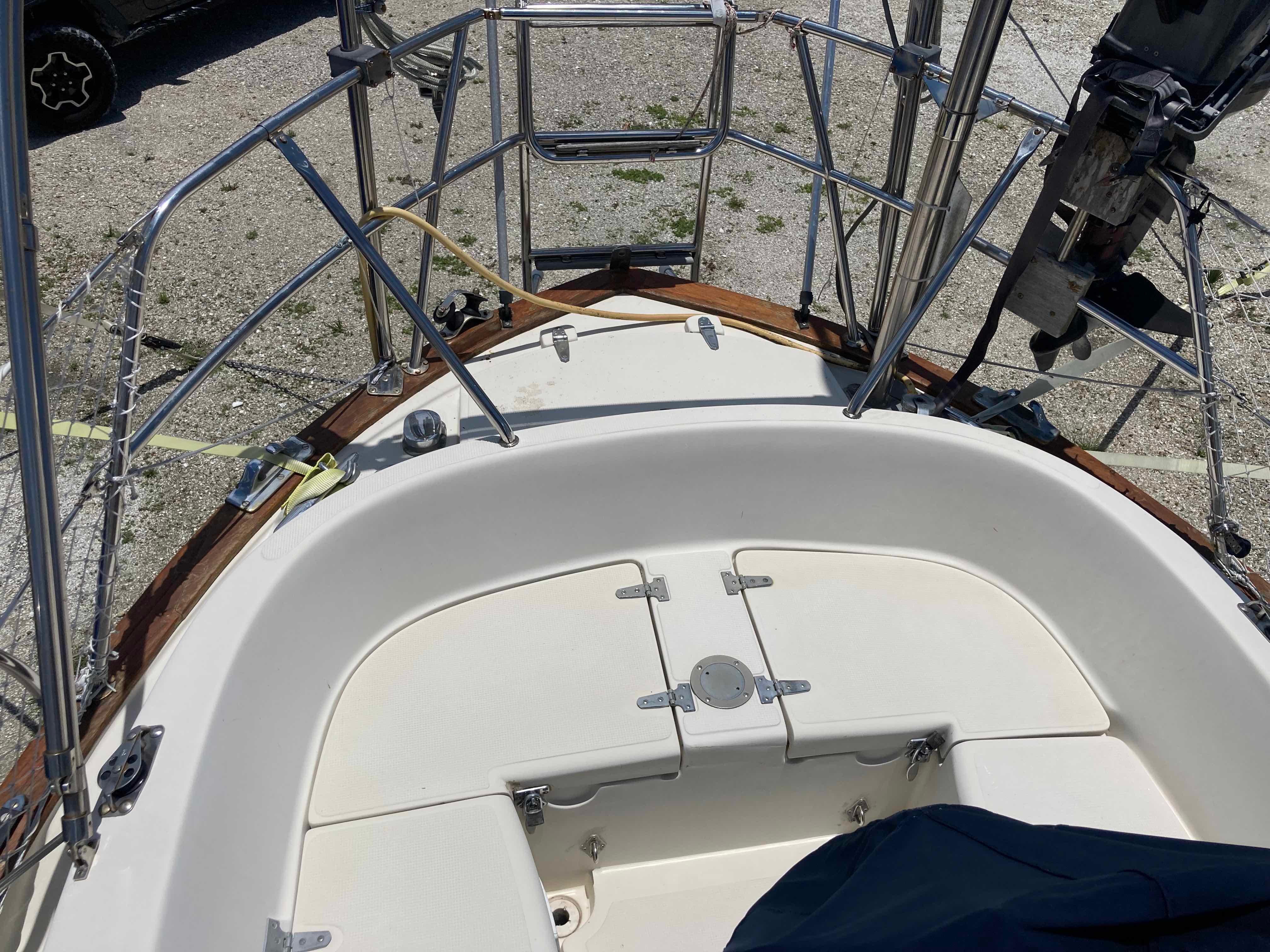 1994 Pacific Seacraft 37 Scheel Keel sailboat deck with stainless steel railings.