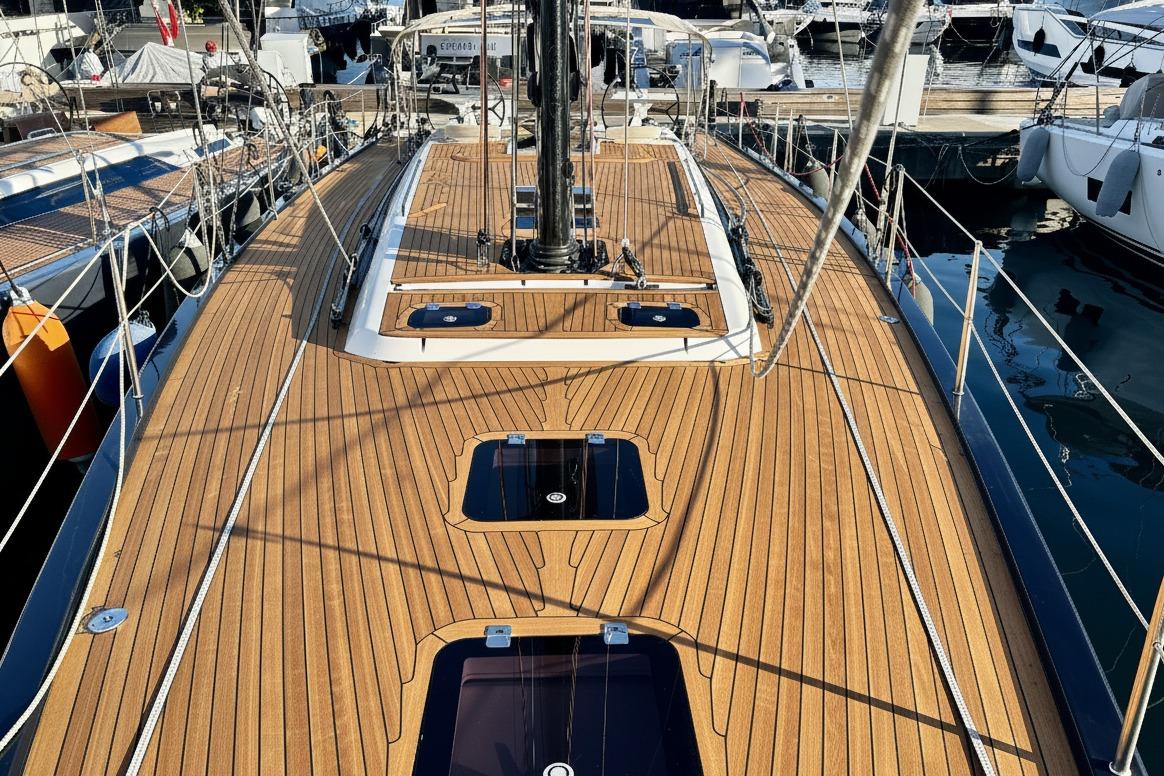 Luxurious 2022 Solaris 55 yacht with sleek wooden deck at marina.