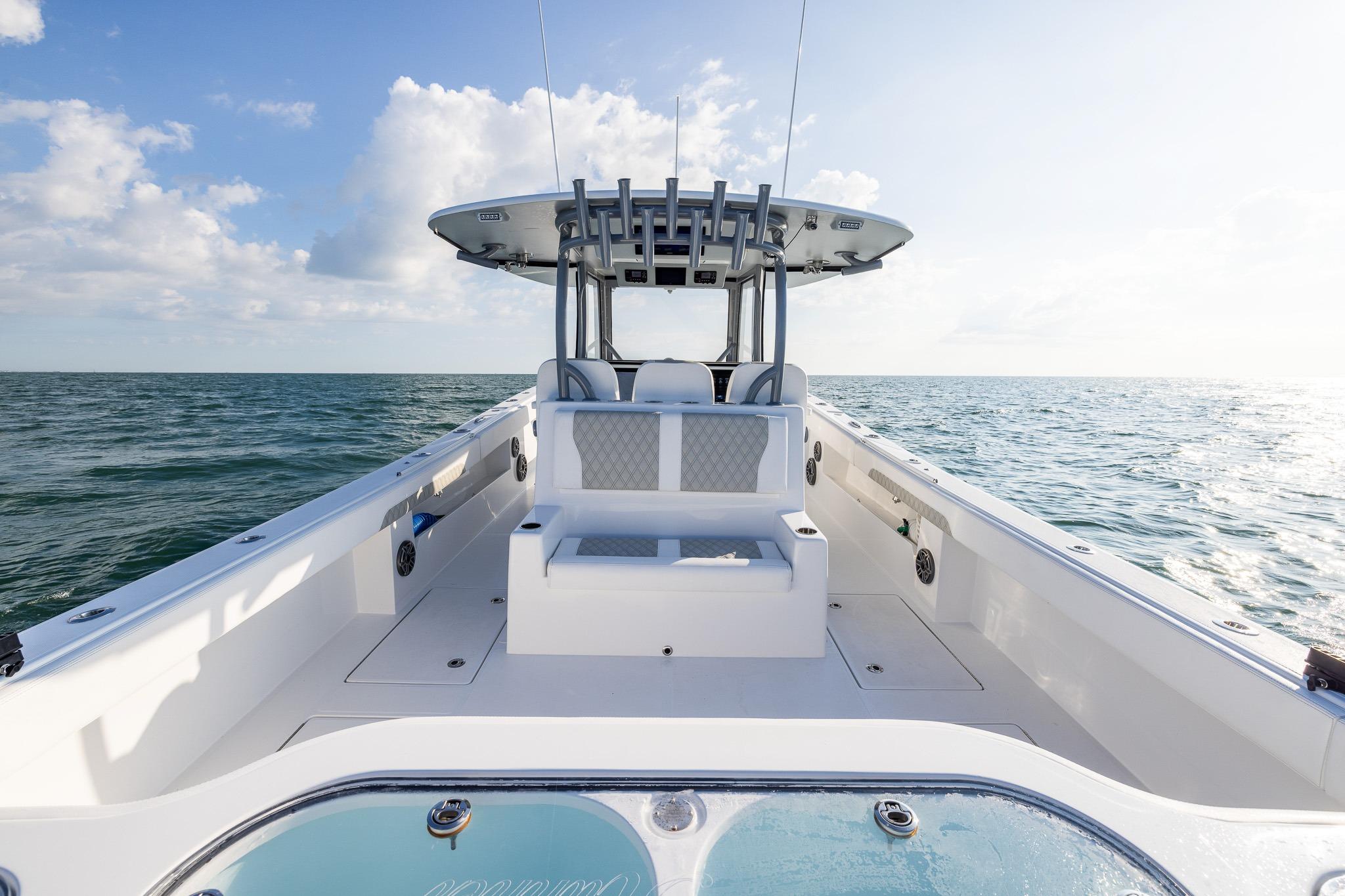 2026 Front Runner 37 Catamaran on open sea, showcasing spacious deck and seating.