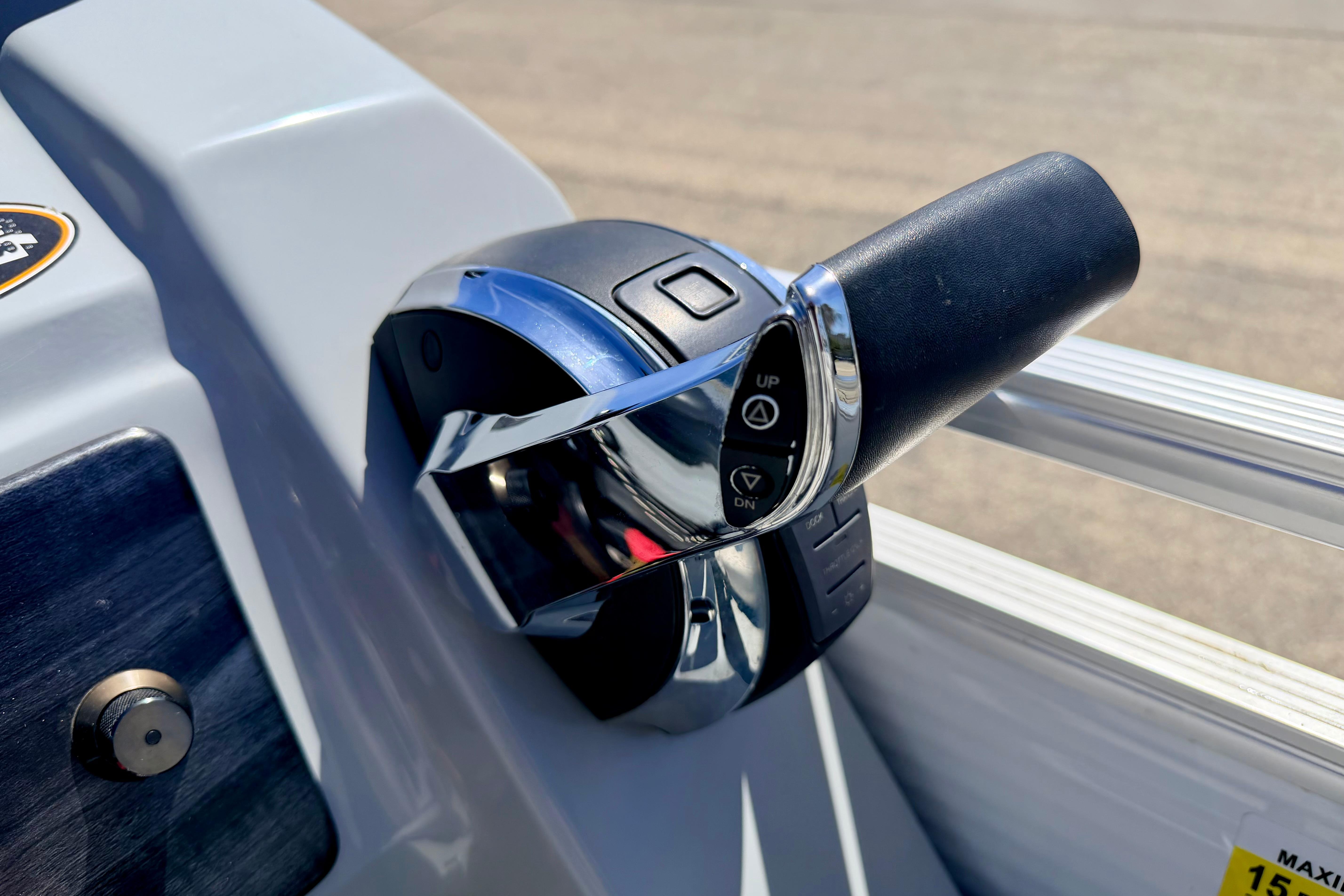 Close-up of throttle control on 2019 Crestliner 240 Rally DX CW boat.