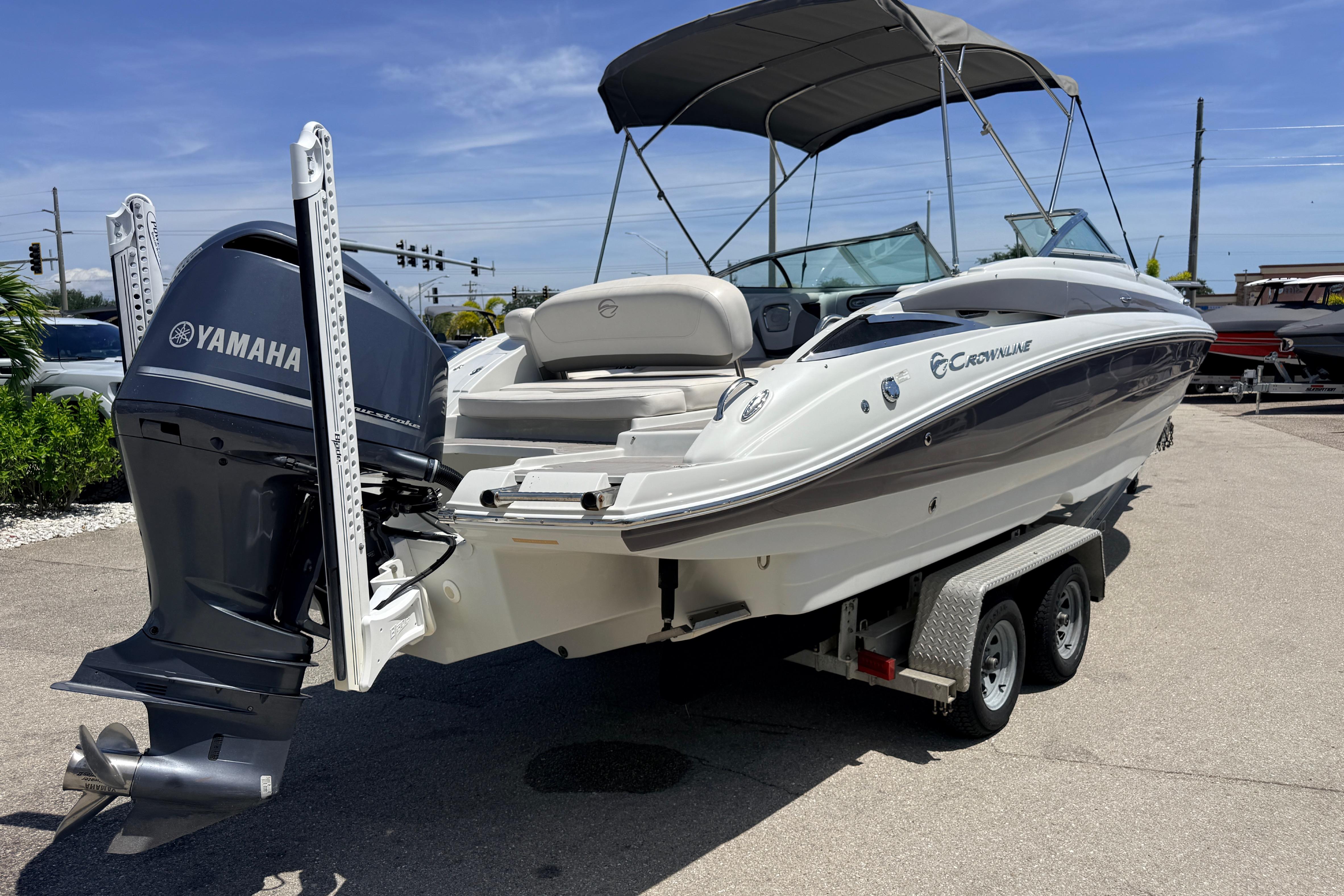 2018 Crownline Eclipse E26 XS boat with Yamaha outboard engine on trailer.