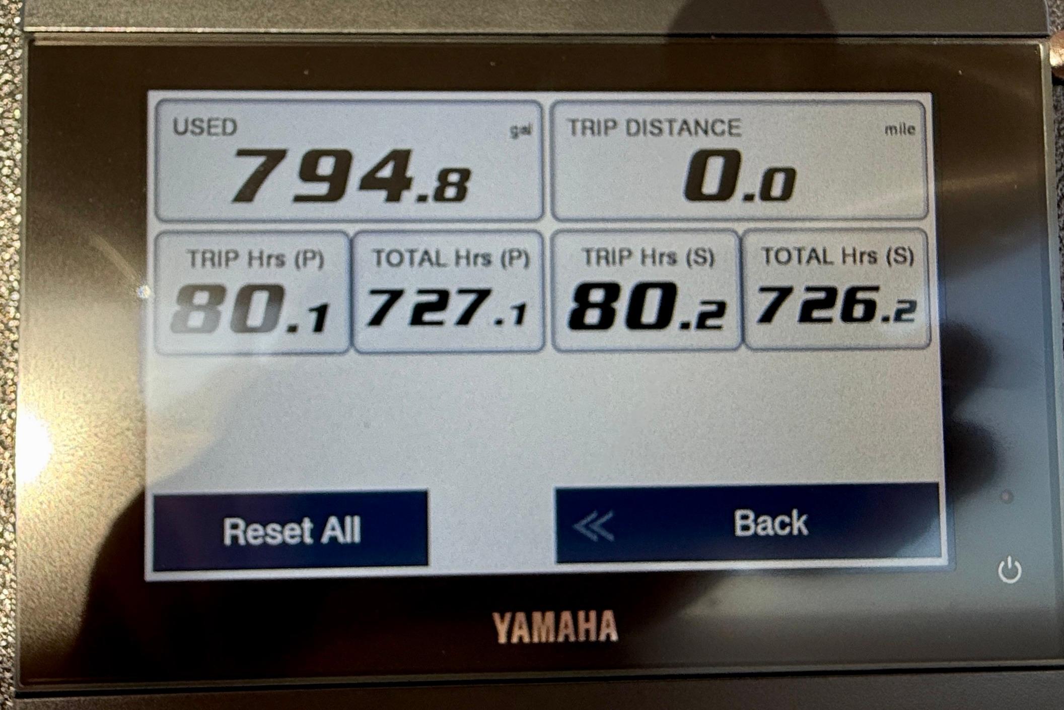 Yamaha display showing engine hours and trip data for 2012 Grady-White Canyon 336.