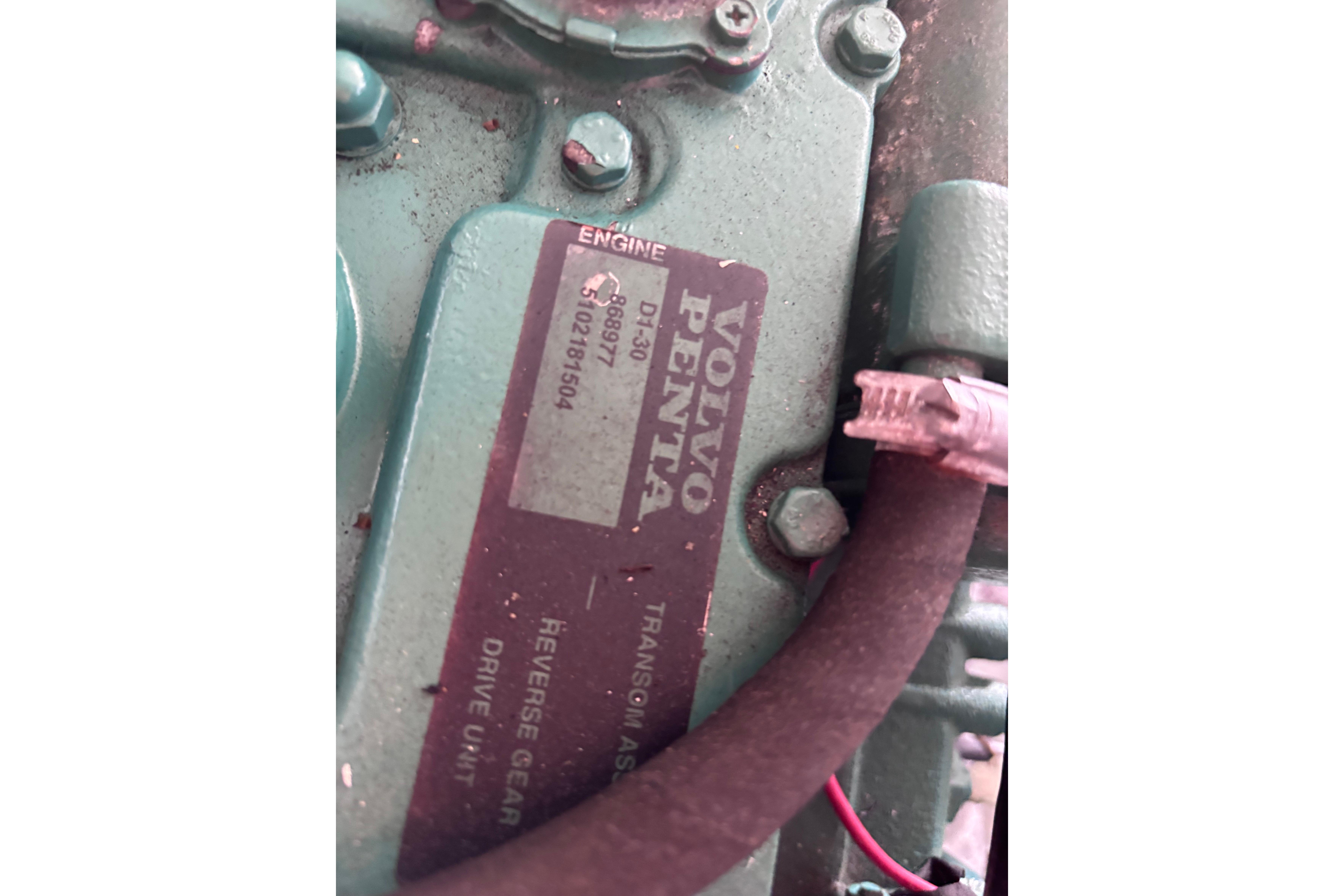 Close-up of a Volvo Penta engine label on a 1978 Swift 33.