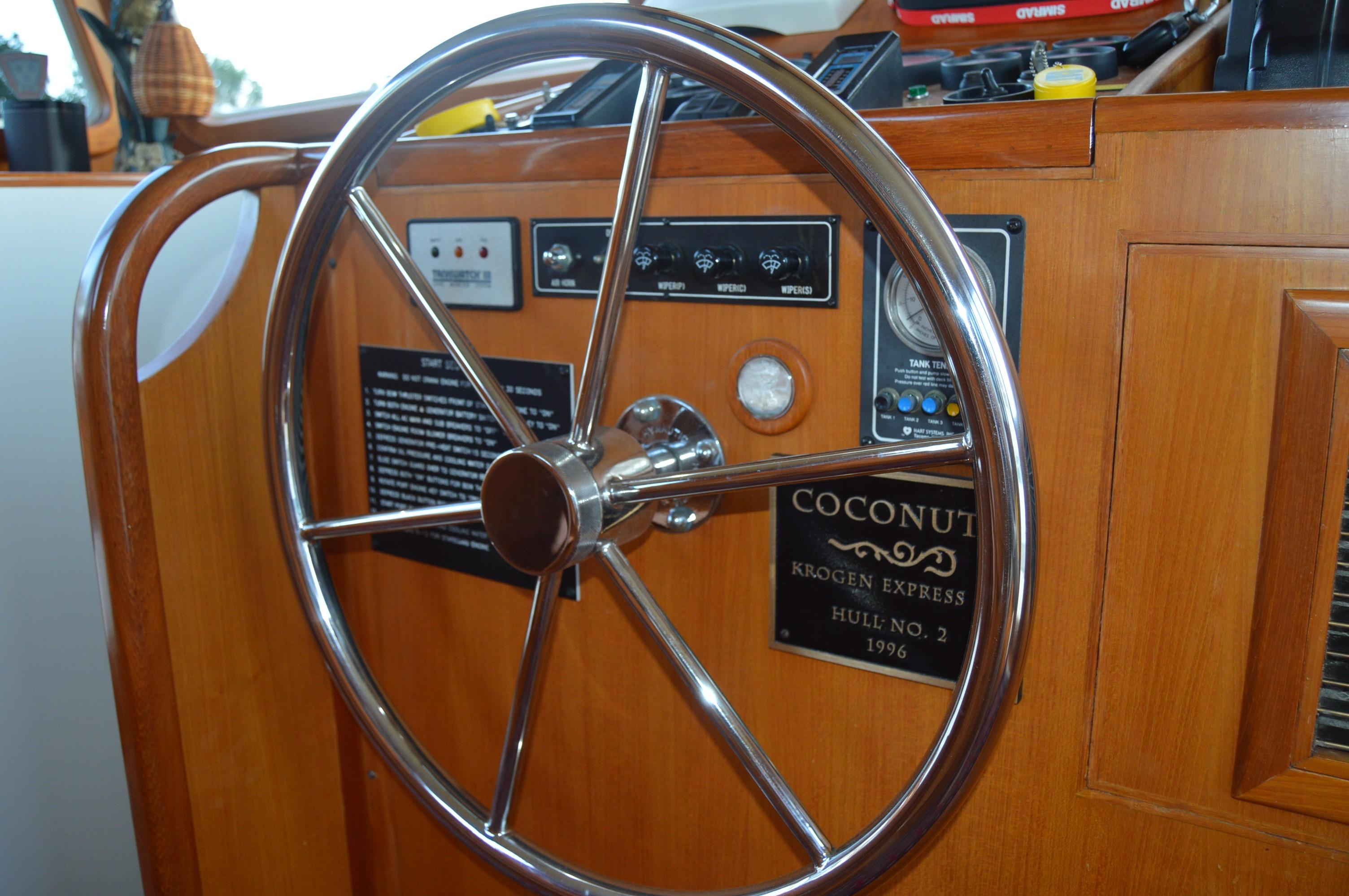 Steering wheel of 1996 Krogen Express 49' yacht.