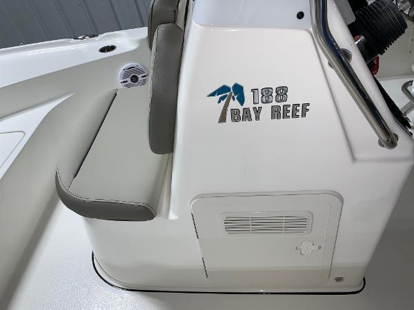 2026 Key West 188 Bay Reef boat interior with seating and logo detail.
