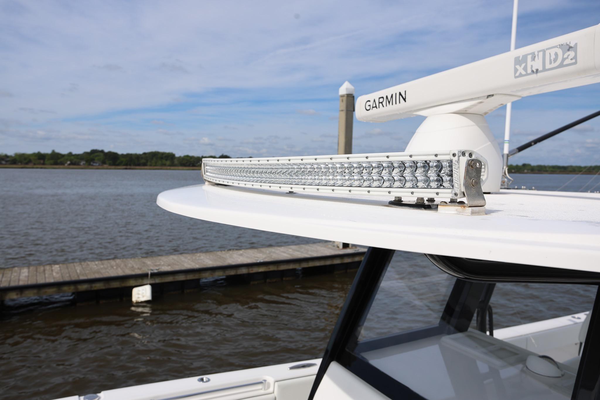 2020 Invincible 35 Catamaran with Garmin radar and LED light bar on deck.