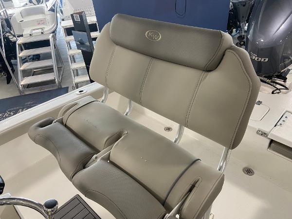 2024 Key West 250 Bay Reef boat seating with cushioned backrest.