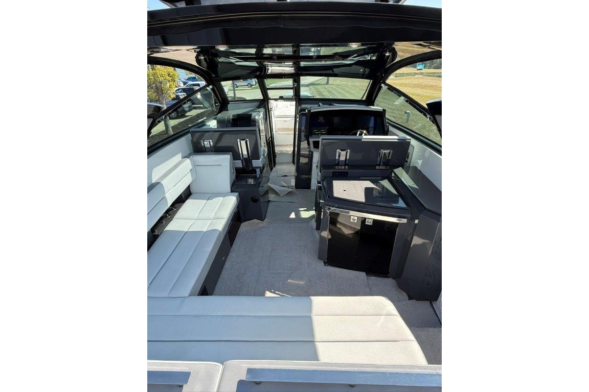 Interior of a 2019 Cobalt A36 boat with modern seating and sleek design.