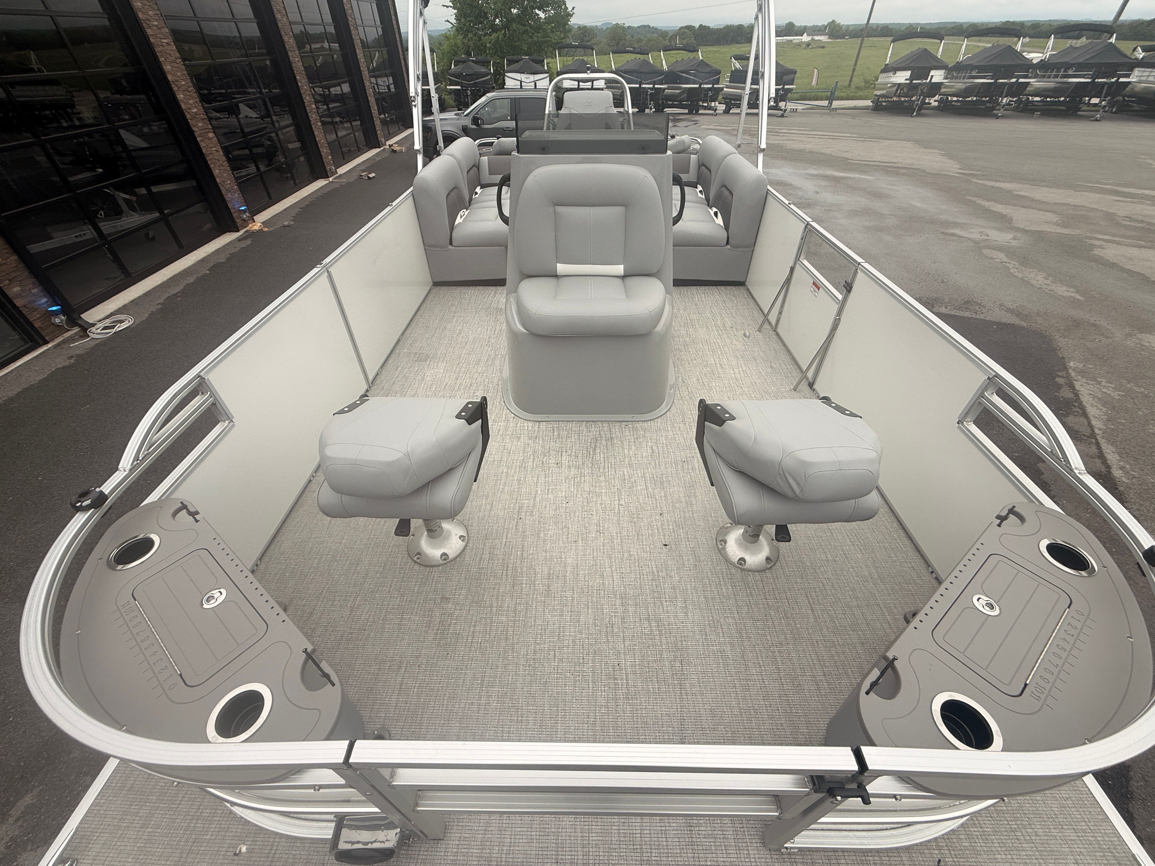 Interior of 2026 Landau Alure 23CC Fish with gray seating.