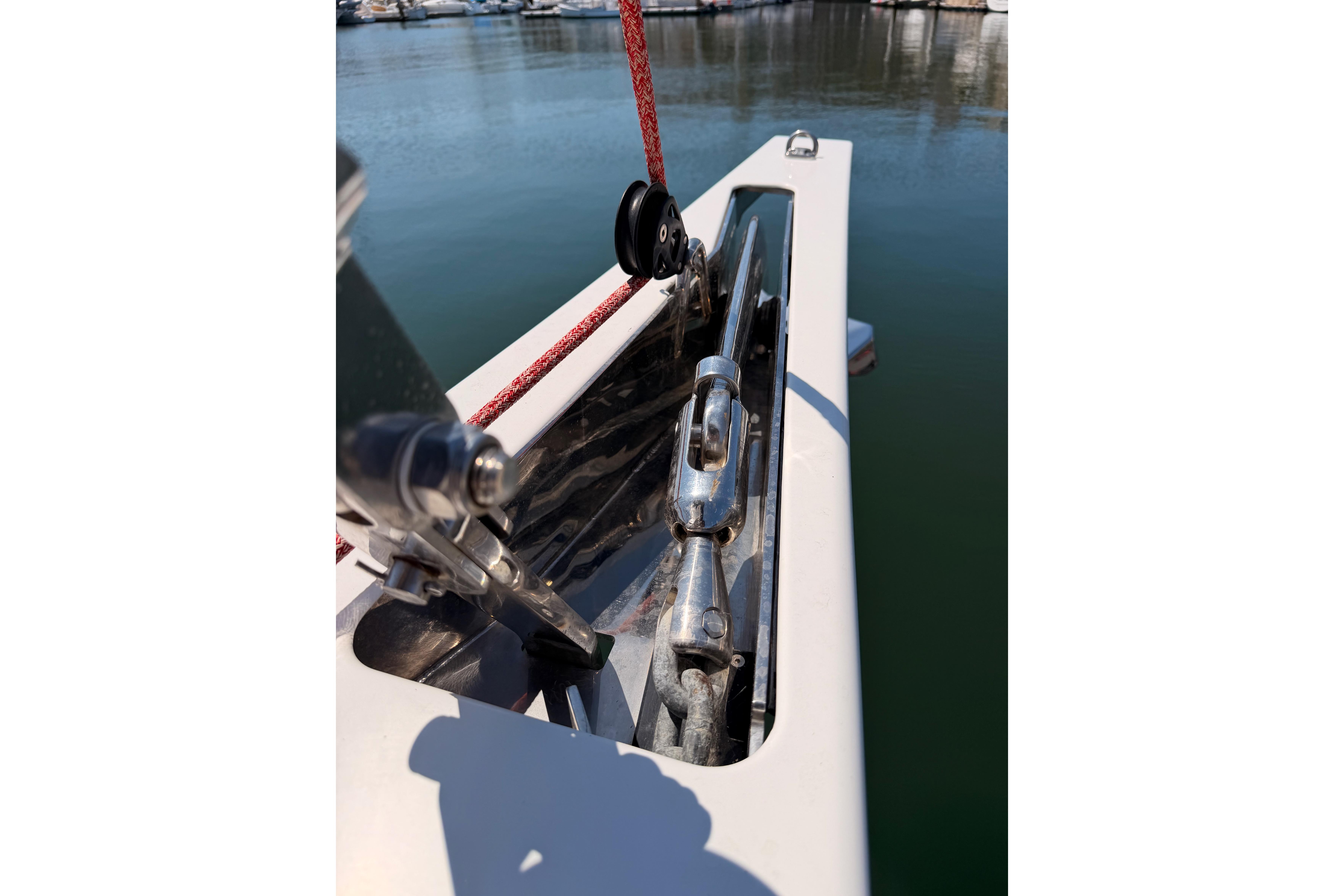 Close-up of Beneteau Oceanis Yacht 54 rigging detail, 2022 model, docked at marina.
