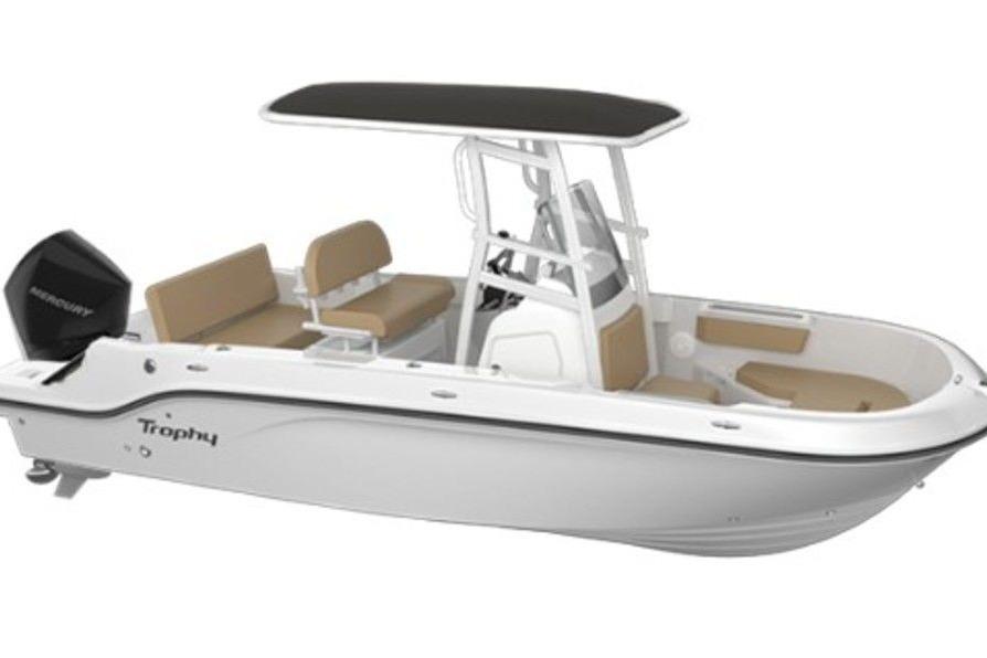 2026 Bayliner Trophy T20CC boat with seating and canopy, side view.