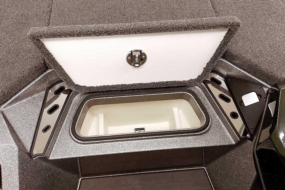 2026 Ranger Z519R Cup-Equipped boat storage compartment with open lid.
