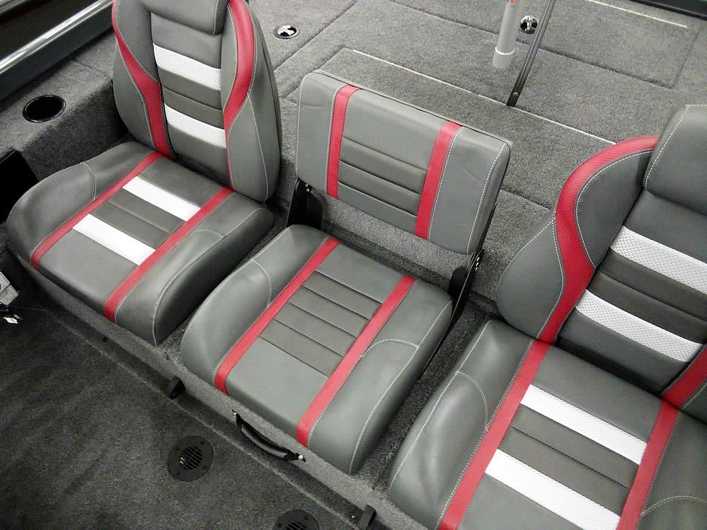2025 Ranger RT188P boat seats with gray, red, and white upholstery.