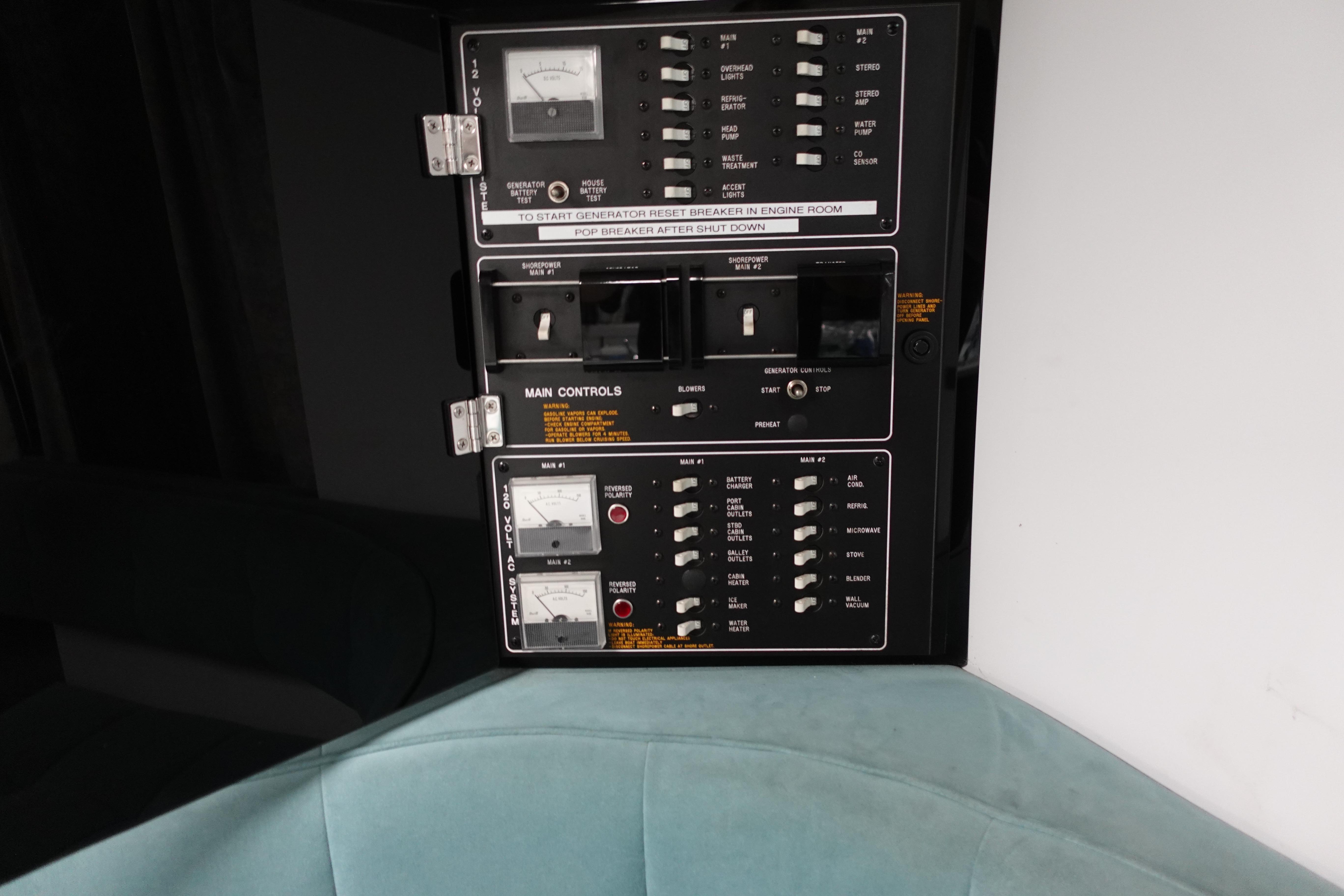 Electrical control panel on a 1993 Formula 34 Performance Cruiser boat.
