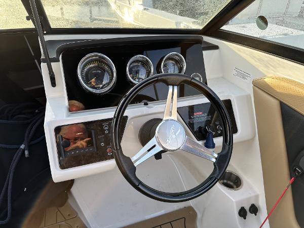 Interior view of Sea Ray SPX 190 boat cockpit, 2021 model.