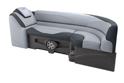 2026 Tahoe Pontoon LTZ boat seating with sleek gray and black design.