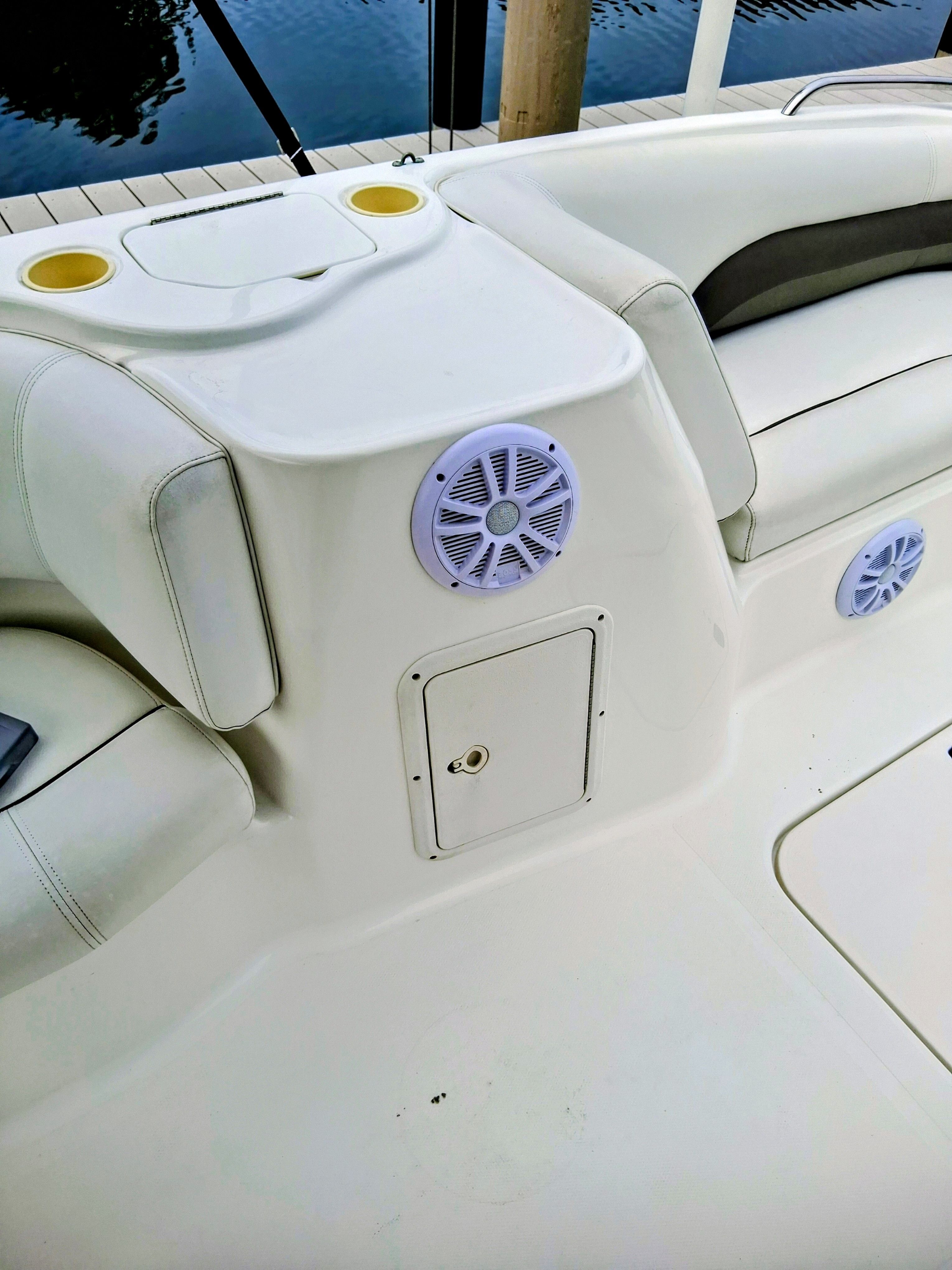 Interior of a 2013 Hurricane 188SD boat with speakers.