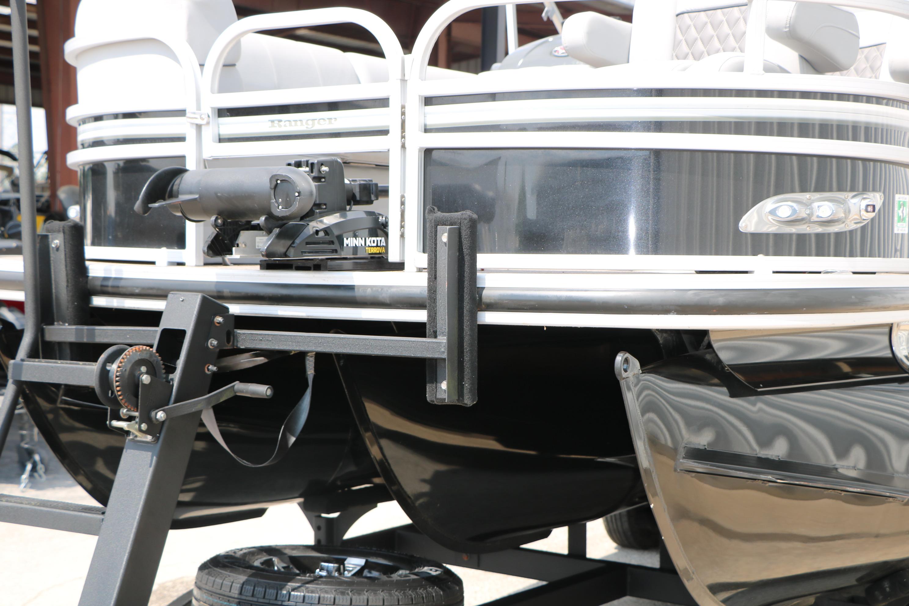 2021 Ranger 223FC pontoon boat with Minn Kota trolling motor on trailer.