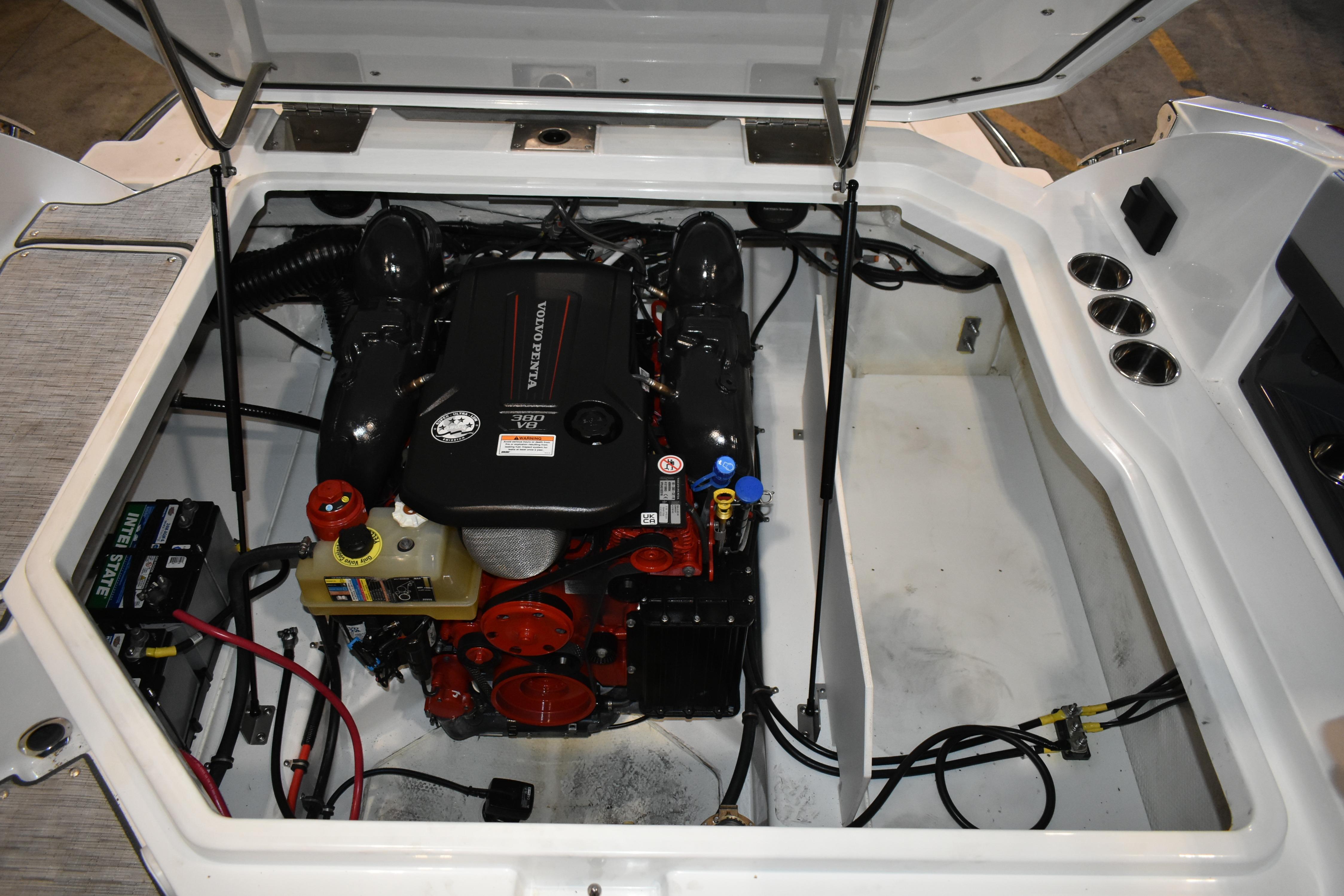 Engine compartment of 2023 Cobalt R8 boat featuring Volvo Penta V8 engine.