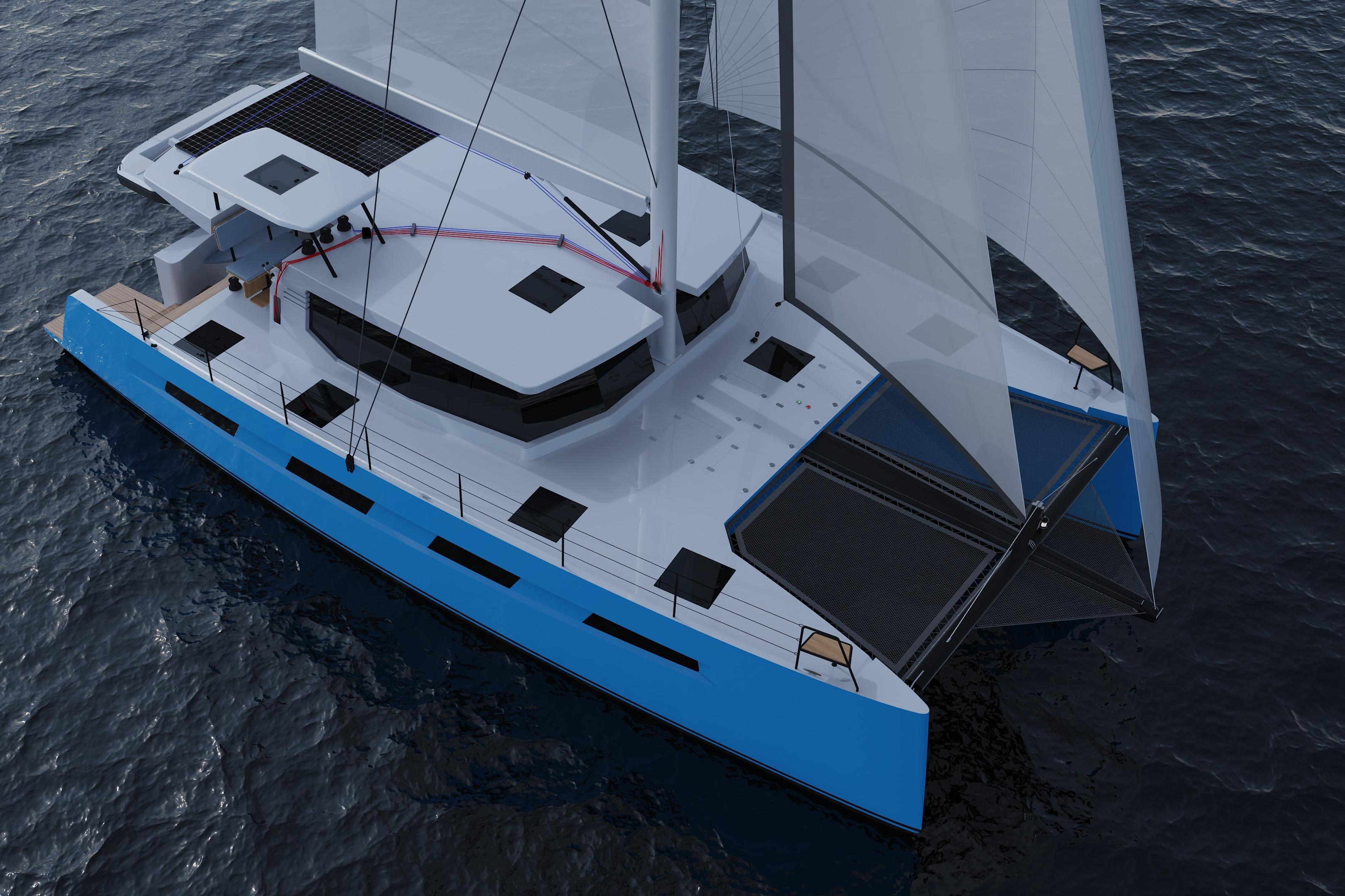 Futuristic Vision 484 catamaran sailing on open water, 2026 model, sleek design.