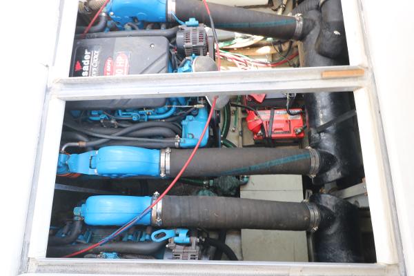 Engine compartment of a 1992 Sea Ray 350 Express Bridge boat.