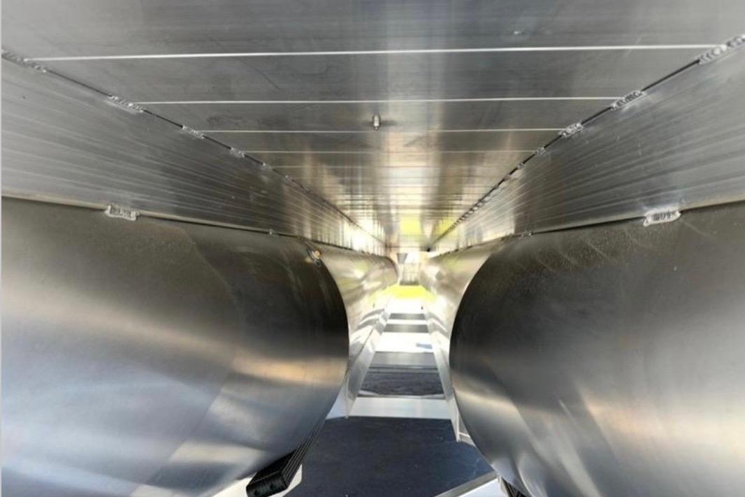Underneath view of 2025 Veranda Relax VR25VLC pontoon boat structure.