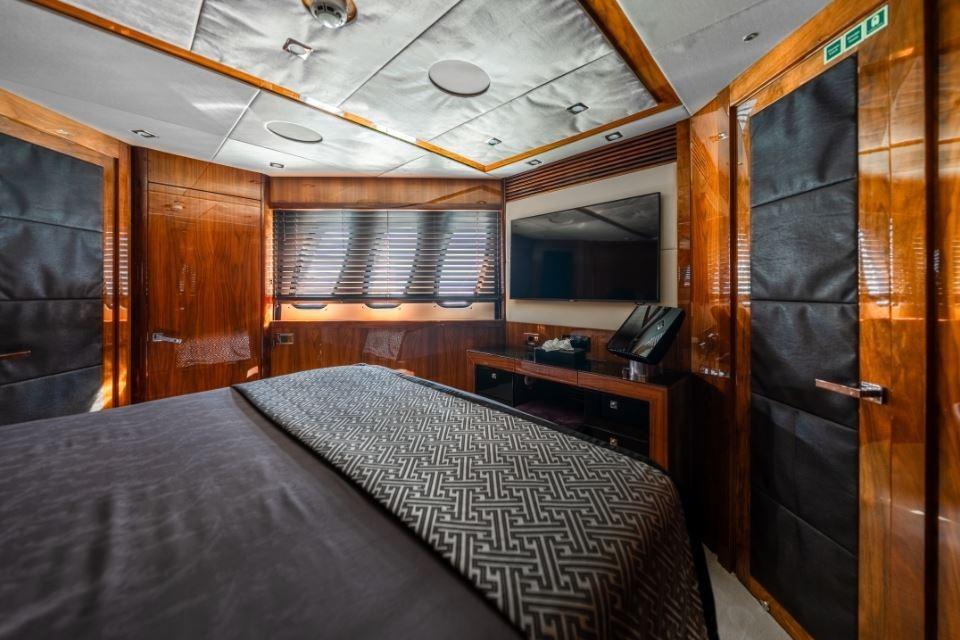 Luxurious interior of 2009 Sunseeker 34 Metre Yacht with elegant wood paneling and modern amenities.