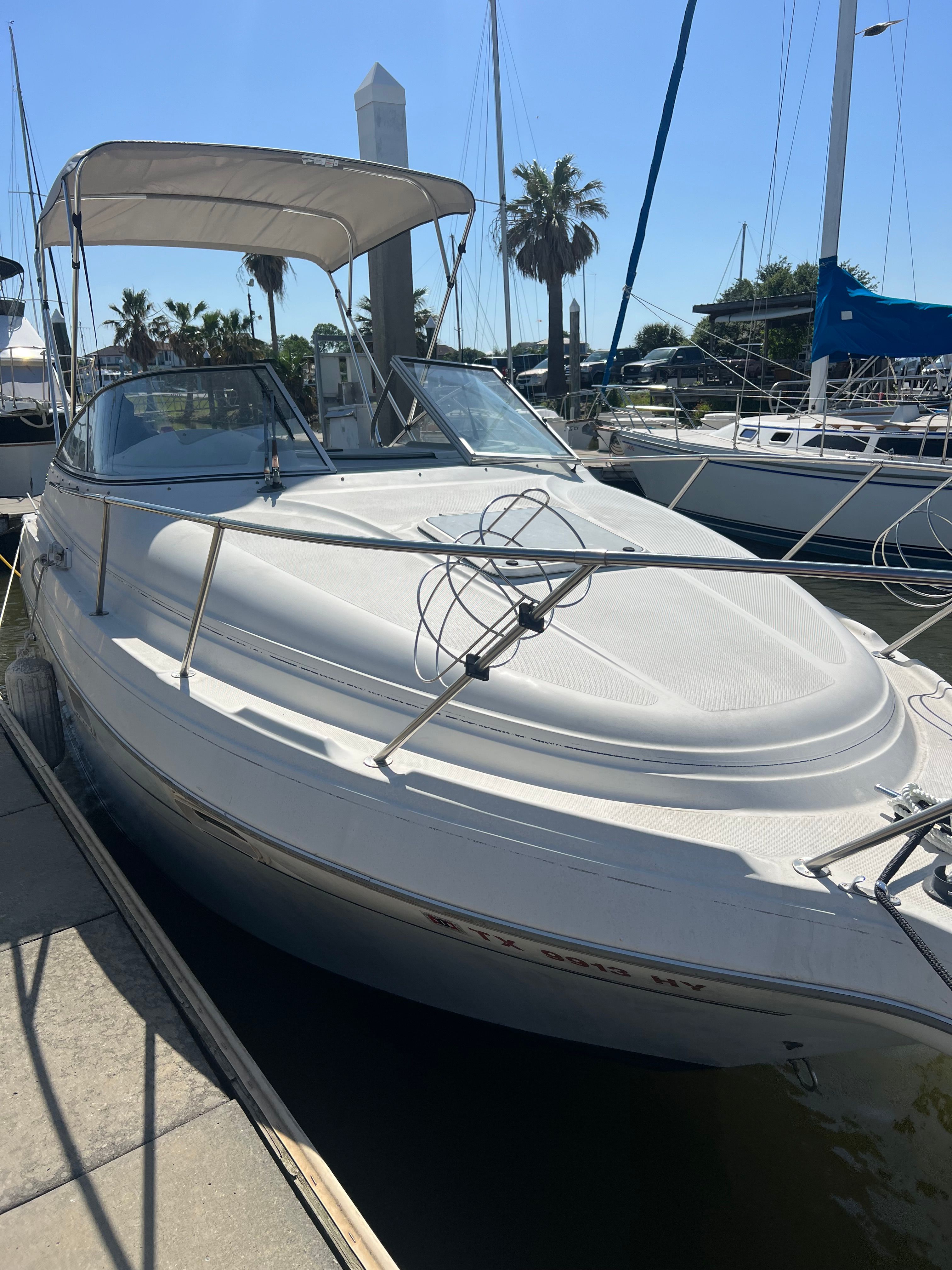 A white boat with a sunshade docked at a marina. Palm trees and other boats in the background.
