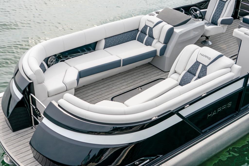 2024 Harris FloteBote 250 Grand Mariner V10 400 pontoon boat with luxurious seating.