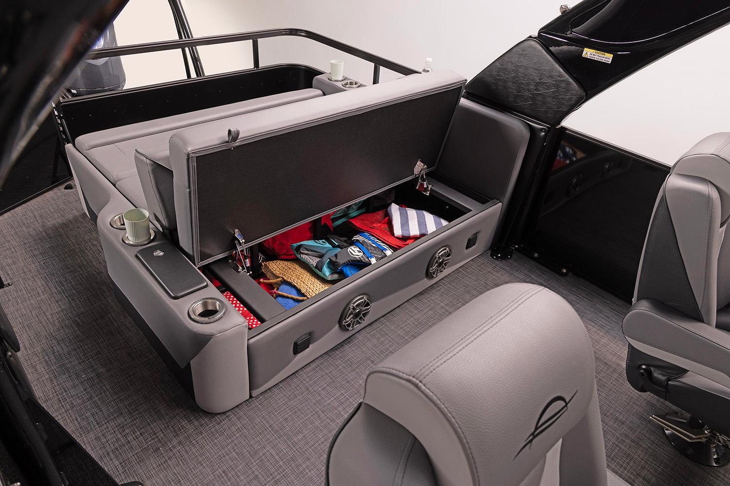 Manufacturer Provided Image: 2026 SunCatcher Diamond Elite 326 SL boat interior with open storage compartment.