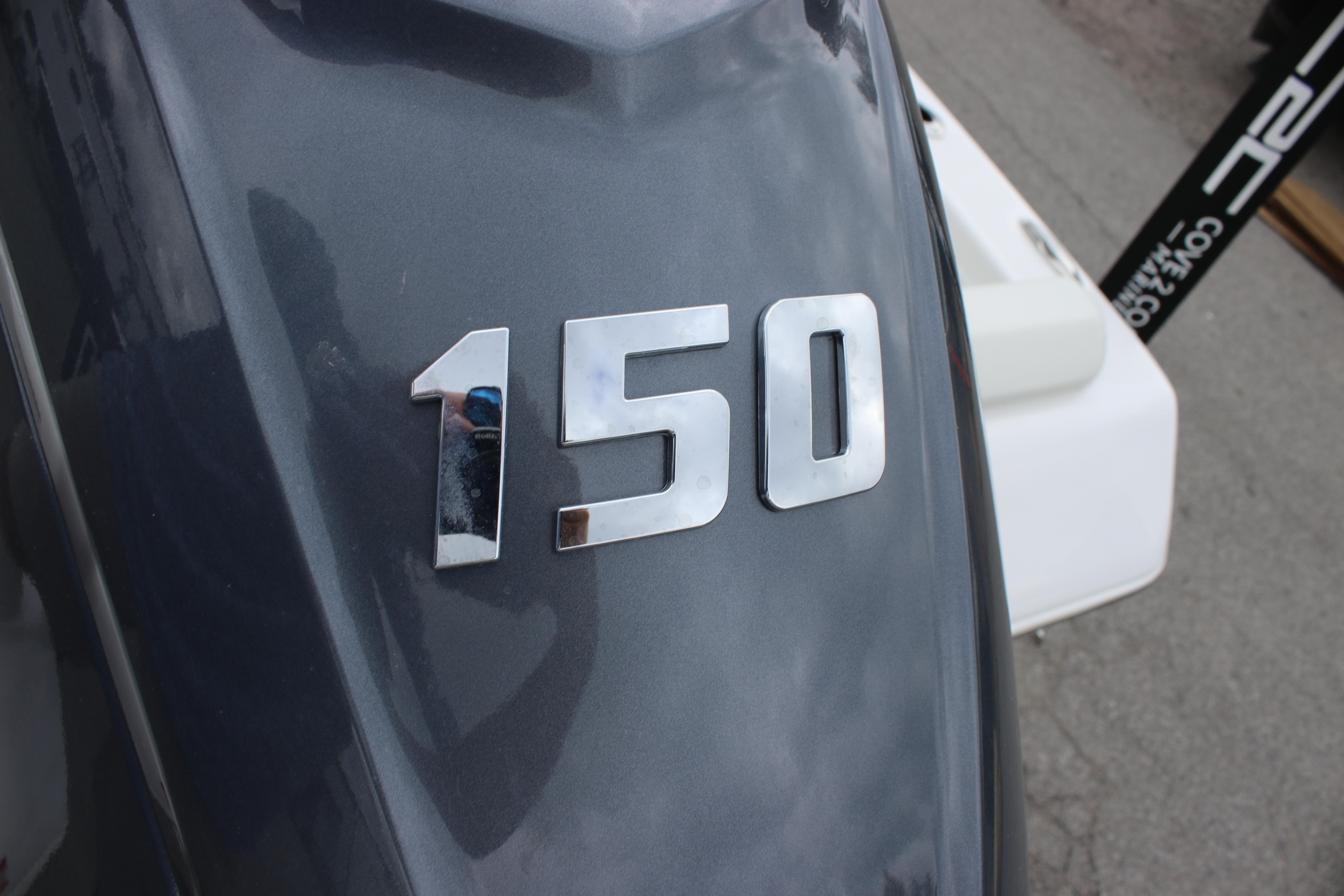 Close-up of 150 horsepower engine on 2026 Tidewater 198 CC Adventure boat.