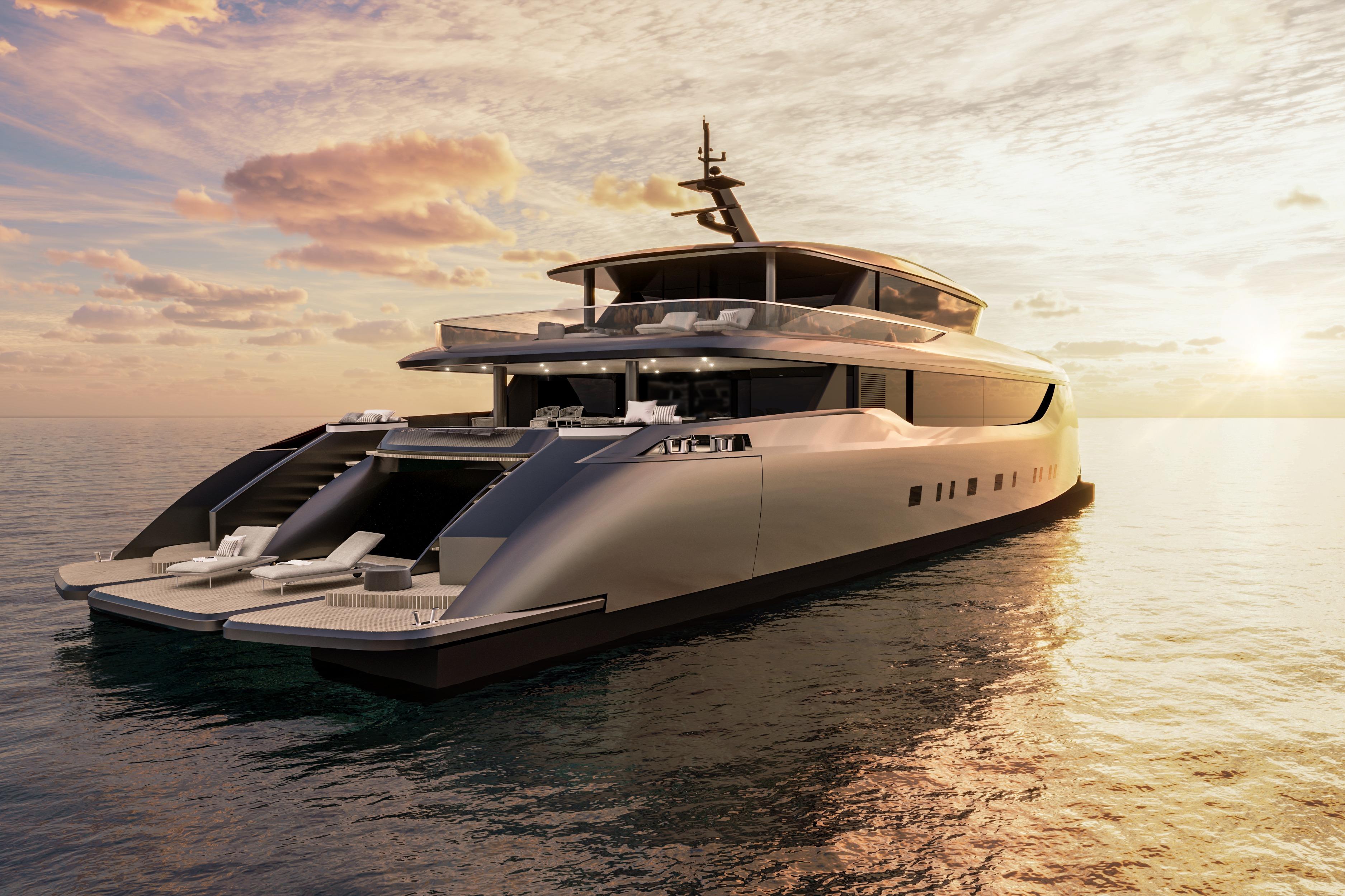 Luxury Sunreef 40M Explorer Eco yacht at sunset, 2026 model, on calm ocean waters.