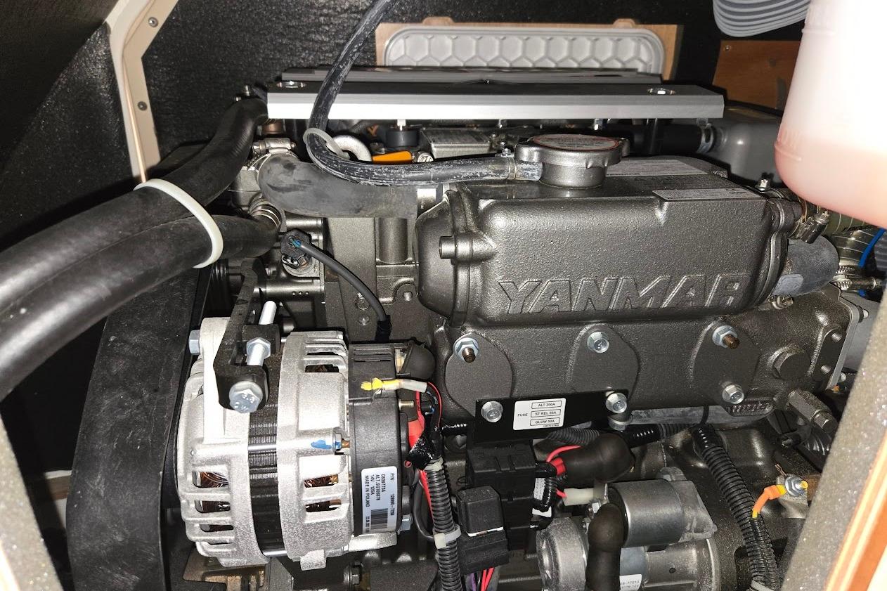 Engine of 2023 Beneteau Oceanis 38.1 sailboat, featuring Yanmar components.