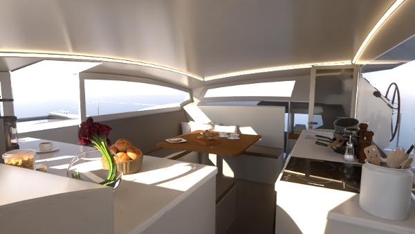 Modern interior of 2024 Catamaran Cruisers Power Cat with kitchen and dining area.
