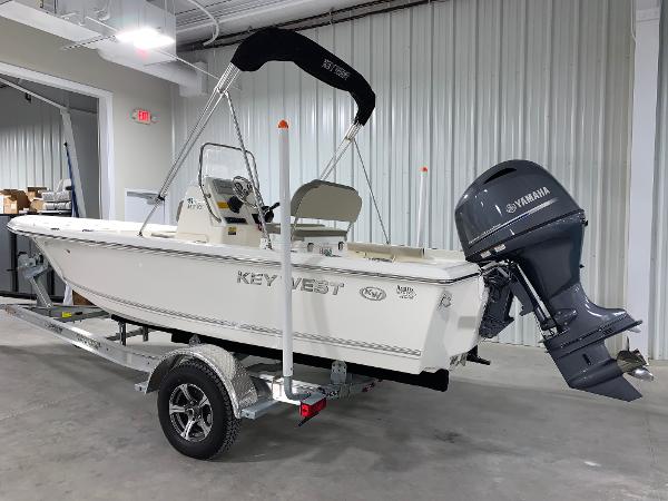 2026 Key West 188 Bay Reef boat with Yamaha engine on trailer in garage.