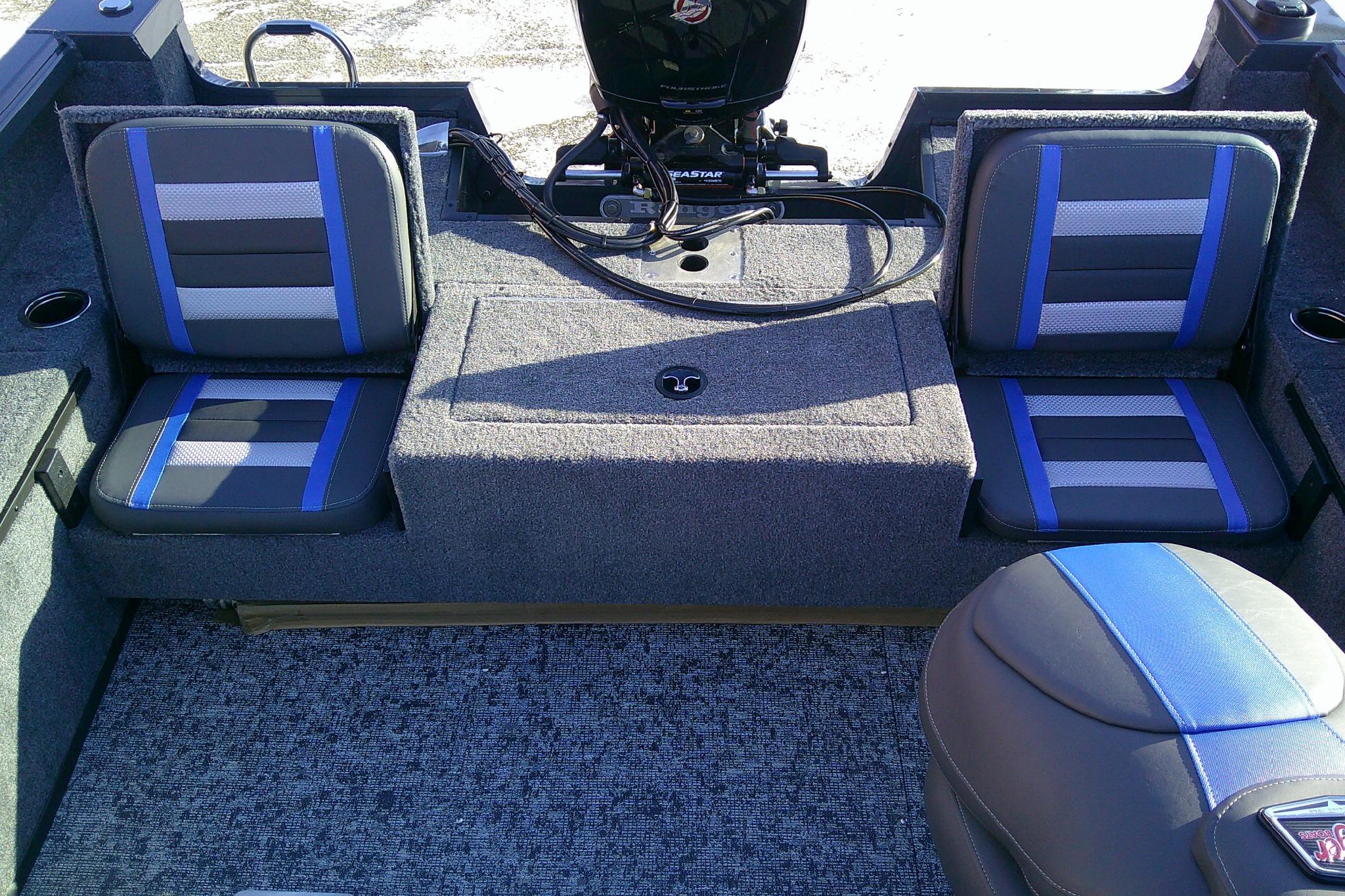 2026 Ranger VS1882SC Reata boat interior with blue and gray seating.