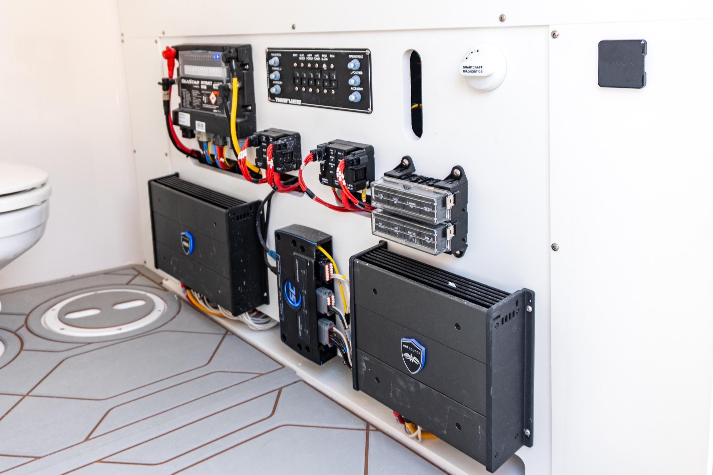 Electrical panel of 2026 Twin Vee 400 GFX2 CC boat, showcasing wiring and components.