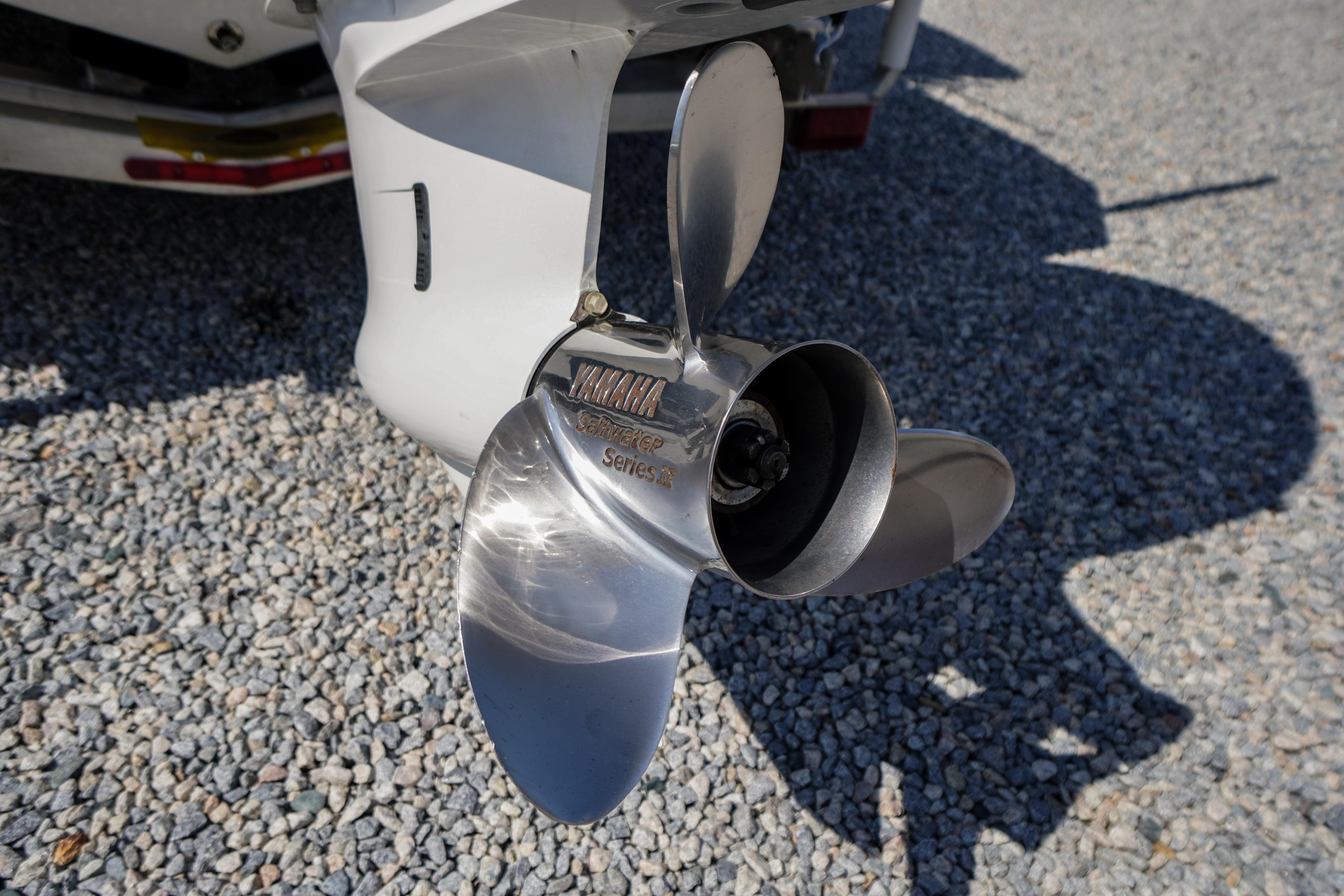Close-up of a Yamaha Saltwater Series II propeller on a 2025 Tidewater 232 SS boat.