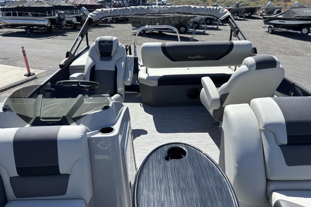 Interior view of 2026 SunChaser Geneva Sport 21 SB DH pontoon boat with luxurious seating.