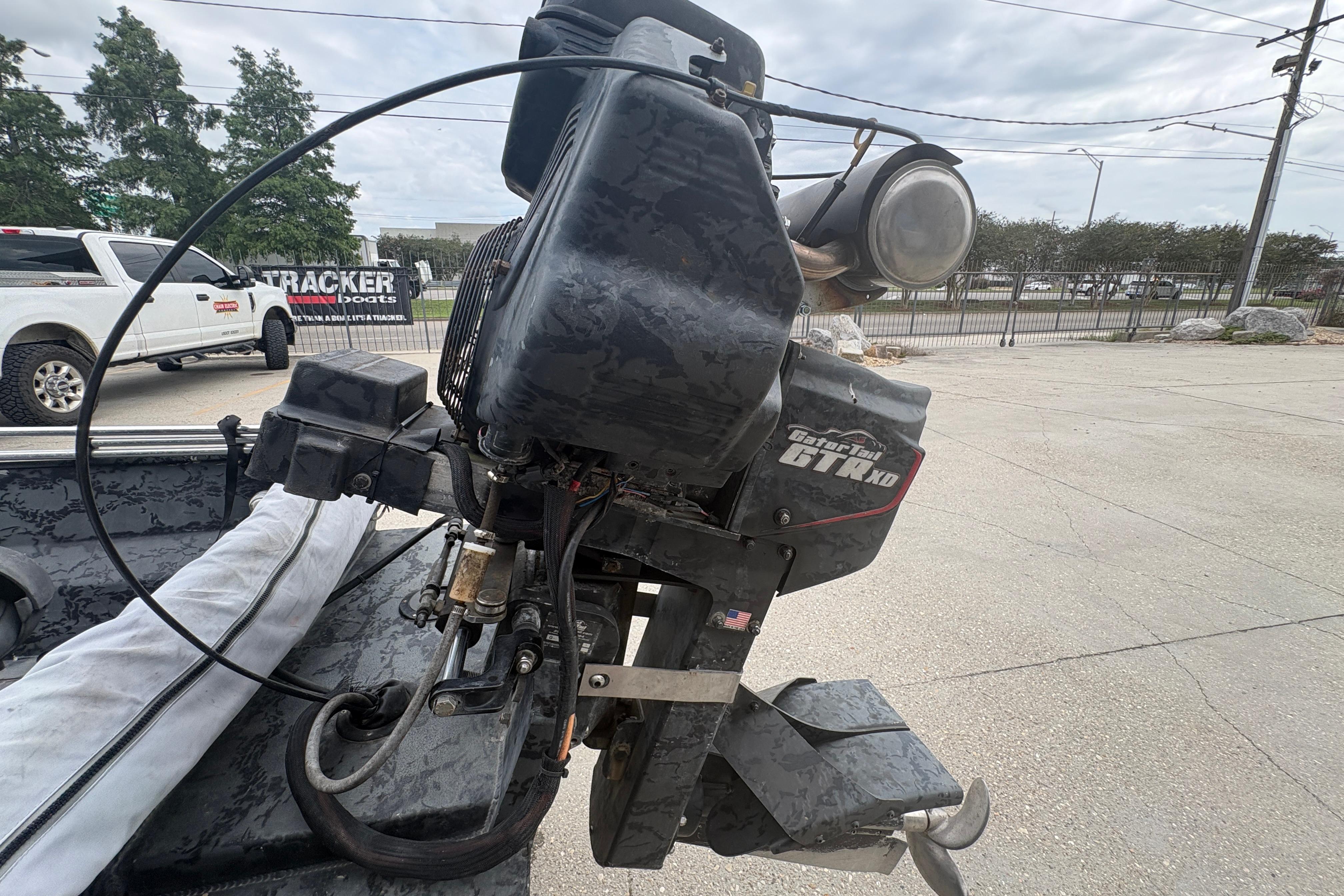 2020 Gator Tail Extreme boat motor on a trailer, outdoor setting.