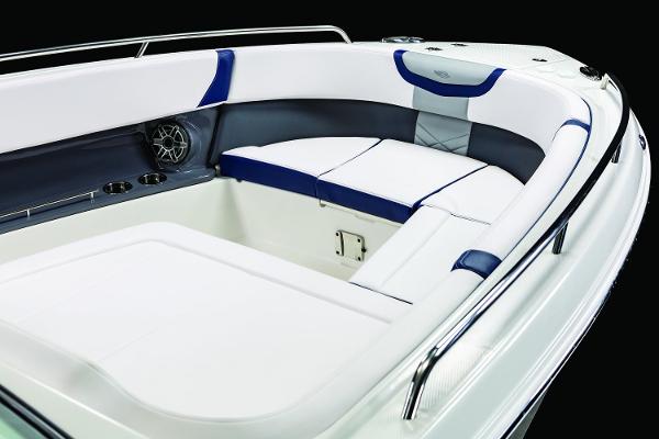 Manufacturer Provided Image: 2019 Chaparral 300 OSX boat interior with white and blue seating.