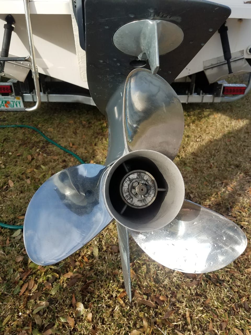 Close-up of a shiny propeller on a 1995 Grady-White Explorer 24 boat.