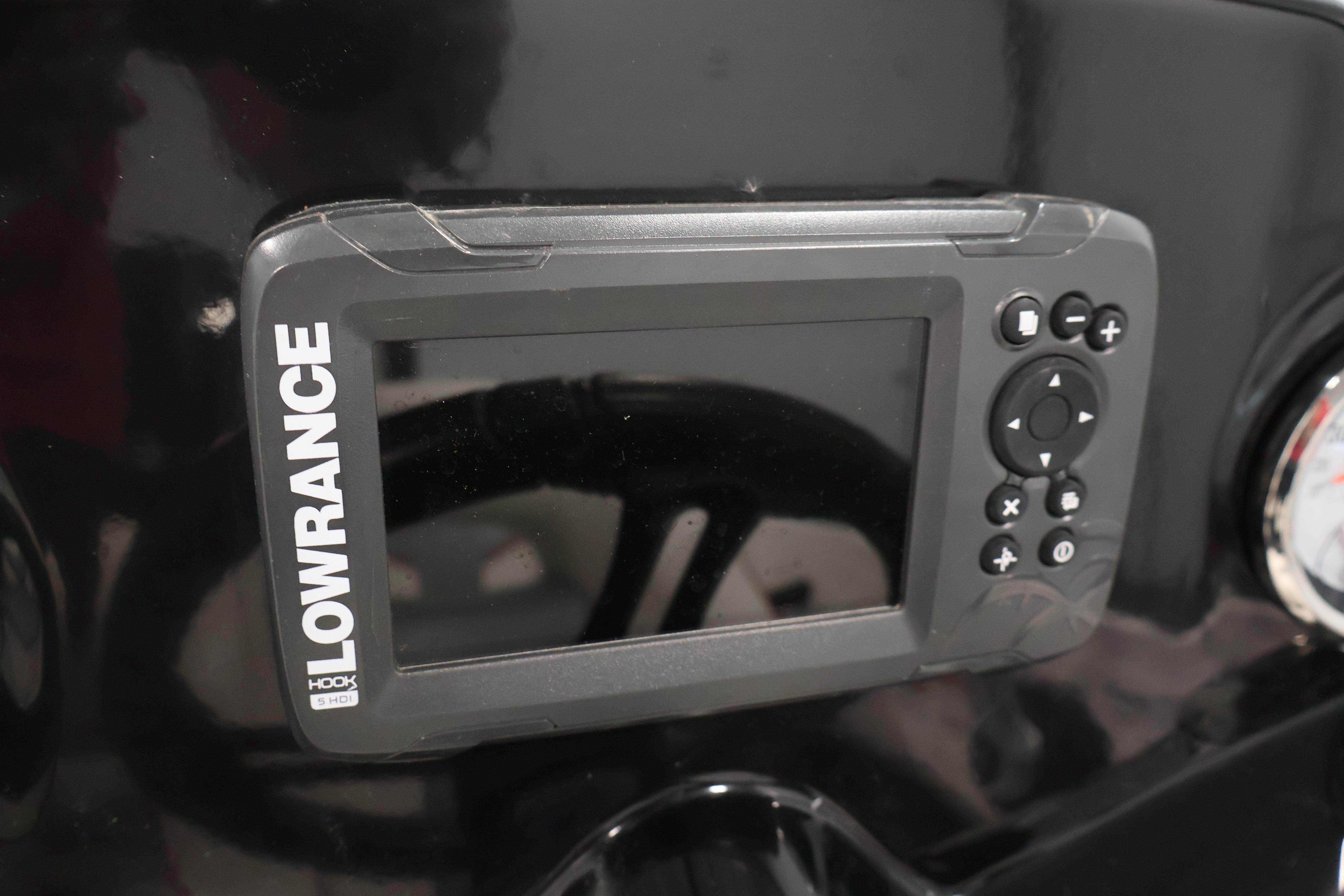 Lowrance Hook 5 HDI fish finder on 2019 Nitro Z19 Sport boat dashboard.