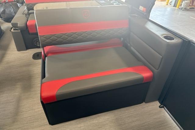 2027 Godfrey Monaco 25' Tritoon lounge seat with red and gray upholstery.
